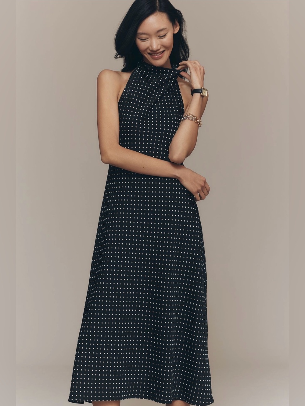 NWT Anthropologie Maeve Jamie Satin Polka Dot Halter Maxi Dress Black White XL